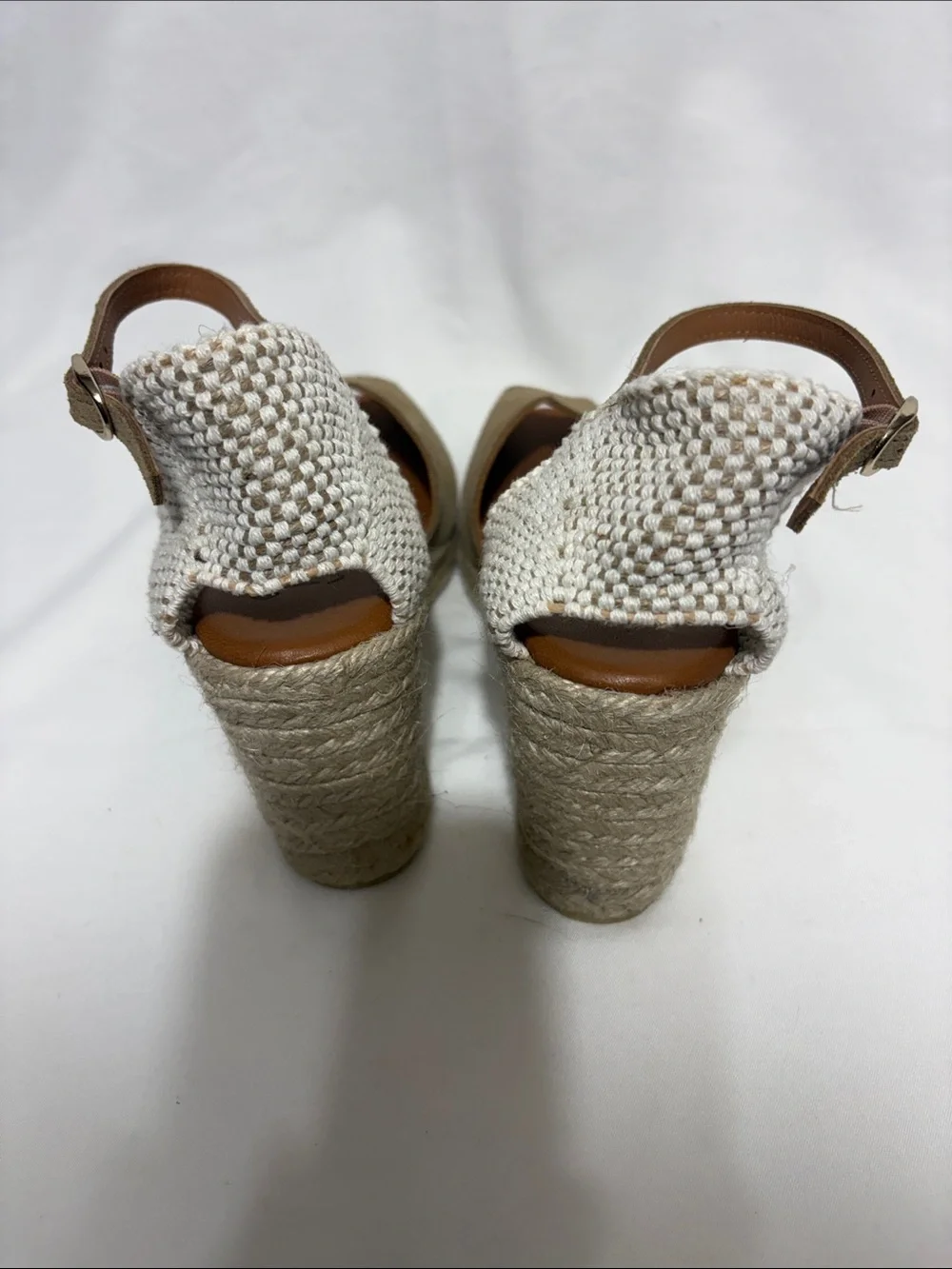 Neutral Taupe and Cream Wedge Sandals with Ankle Strap